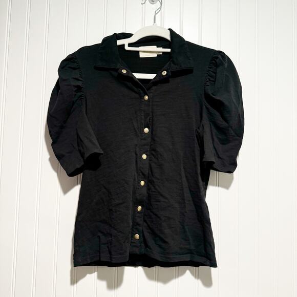 Nation LTD Ennis Work Shirt Black Snap Buttons Puff Sleeves Size XS - Picture 2 of 7